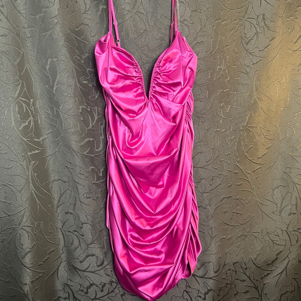 Elegant Pink Satin Ruched Dress